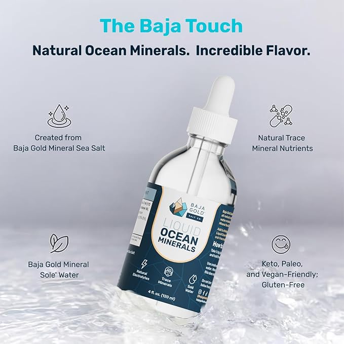 Baja Gold Liquid Ocean Trace Mineral Drops - Ionic Electrolyte Drops for Drinking Water & Food Flavor Enhancement - Mineral-Rich Saline Solution & Oral Cleanse - 4 fl oz, 30-Day Supply