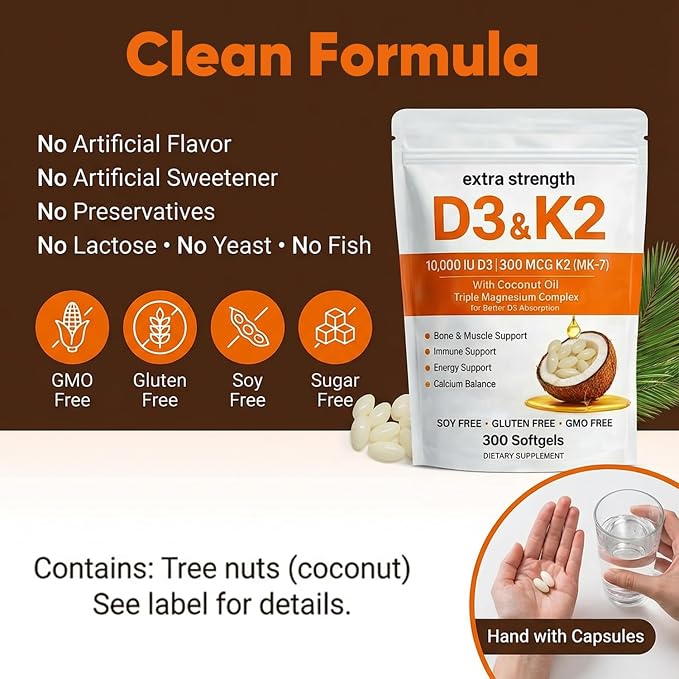 ELVERA Vitamin D3 K2 Magnesium Complex, Extra Strength D3 & K2 with Triple Magnesium Softgels, D3 K2 Vitamin 10000 IU Softgels(1)