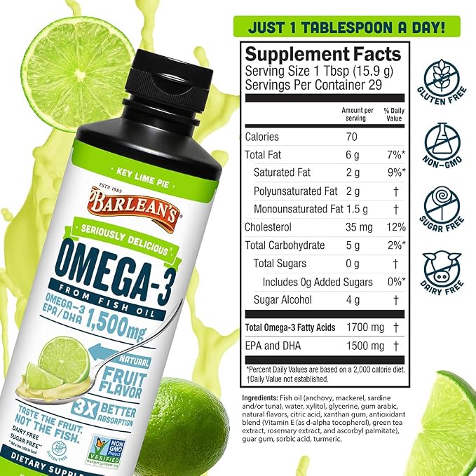 Barlean's Omega 3 Fish Oil Liquid Supplement for Men and Women, 1500mg of EPA and DHA Fatty Acid, Promotes Brain & Heart Health - Non-GMO, Key Lime Pie, 16 oz