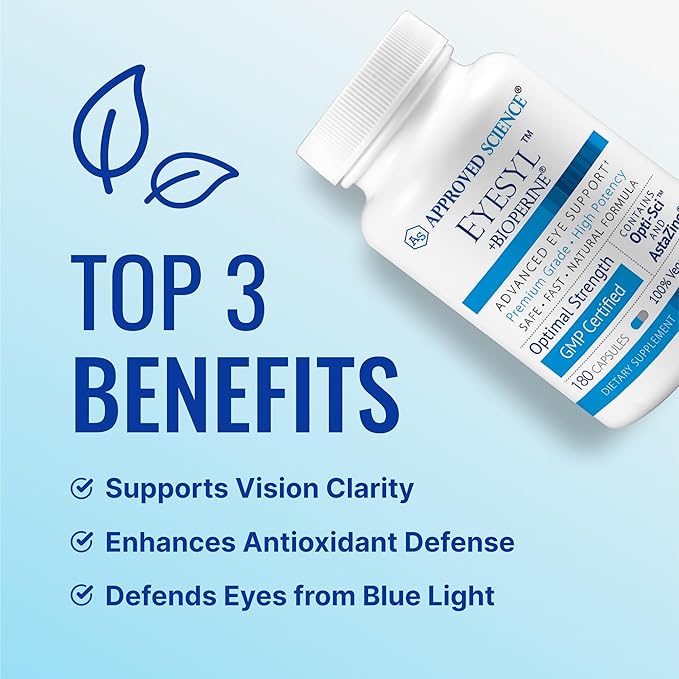 Approved Science EyeSyl - Eye Support Supplement - Chromium Picolinate, Taurine, Lutein, Zeaxanthin, Bilberry, BioPerine - 3 Month Supply - 180 Capsules - Made in USA