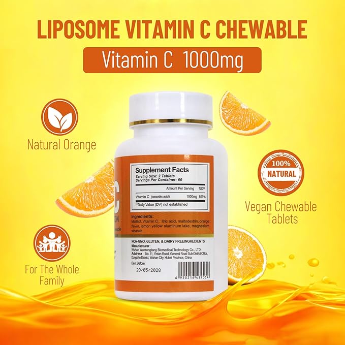 Liposomal Vitamin C Chewable Tablets, 1000mg Per Serving, High Absorption Fat-Soluble Dietary Supplement, Supports Immune Health & Antioxidant, 60 Count