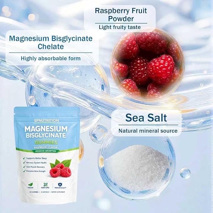 BELANO Spnutrition Magnesium Bisglycinate Gummies, 400mg per Serving, with Magnesium Bisglycinate Chelate, Sea Salt, Raspberry Fruit Powder, Strengthen Bones, Everyday Wellness, 60 Gummies