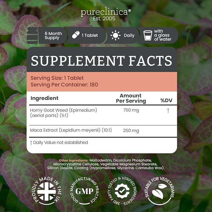 pureclinica Horny Goat Weed & Maca 1000mg – 180 Tablets (6 Month Supply) – 10X Icariins Strength – w/Black Pepper for 300% Absorption – Energy, Libido & Performance Support