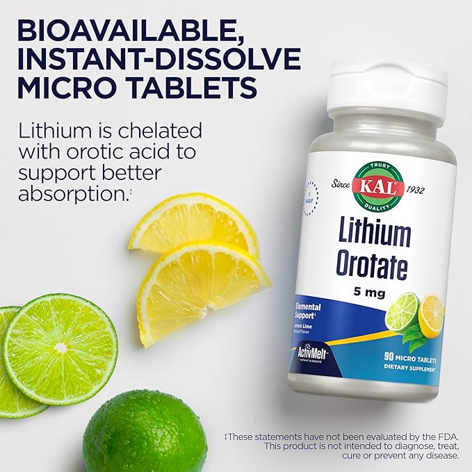 KAL Lithium Orotate ActivMelt 5mg, Chelated Lithium for Optimal Absorption and Bioavailability, Healthy Mood Support, Natural Lemon Lime Flavor, Instant Dissolve Tablets, 90 Servings, 90 Micro Tablets
