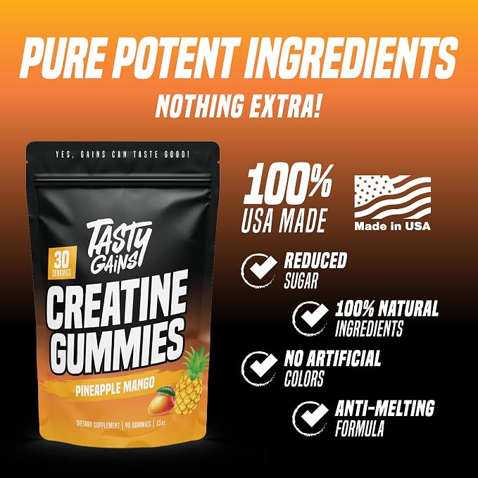 TASTY GAINS Creatine Gummies - 90g of Creatine Monohydrate - Workout Supplements - Build Muscle & Boost Strength for Men & Women - Made in USA - Non GMO - Vegan Friendly (Large, Pineapple Mango)