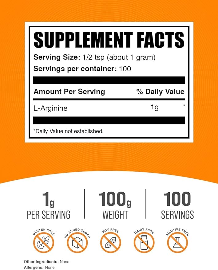 BulkSupplements.com L-Arginine Powder - L-Arginine Base, Arginine 1000mg, Arginine Supplement - Nitric Oxide Powder, Nitrous Oxide Supplement - Gluten Free, 1000mg per Serving, 100g (3.5 oz)