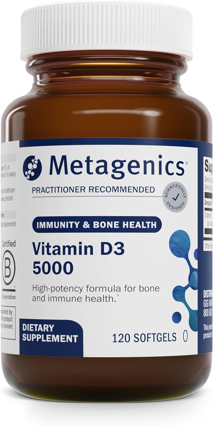 Metagenics Vitamin D3 5000 IU Supplement - High Potency Softgels for Immune, Bone & Heart Health* - 125 mcg Cholecalciferol in Coconut Oil for Enhanced Absorption* - Non-GMO, Gluten-Free - 120 Count