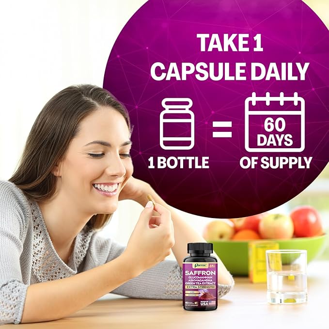 Saffron Supplement with Glucomannan, Ashwagandha, Green Tea Extract, Zeaxanthin & Lutein, Vision Support & Daily Wellness Formula, Extra Strength Plant-Based Capsules, 2 Month Supply (60 Caps)
