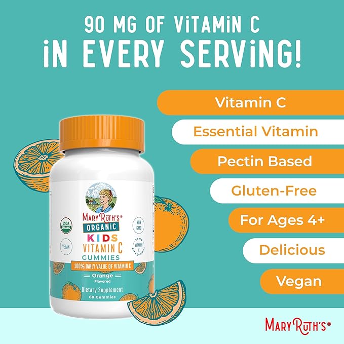 MARYRUTH'S Kids Vitamin C Gummies | Supplement for Immune Support & Overall Health | Vitamin C for Kids Ages 4+ | USDA Organic | Vegan | Non-GMO | 60 Servings
