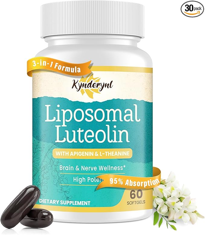 Liposomal Luteolin 200mg – Luteolin Supplement & Brain Supplement for Memory and Focus with Apigenin & L-Theanine – Non-GMO, Gluten-Free, 30 Softgels