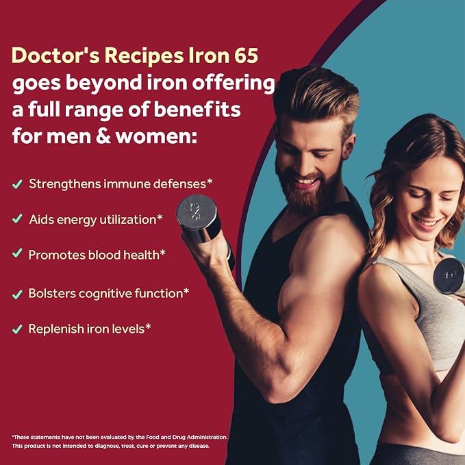 Doctor's Recipes Iron Supplement 65 mg with Vitamin C - Maximized Absorption & Stomach Friendly Iron Pills for Red Blood Cells Formation, Heart, Brain & Immunity Health - Vegan 120 Iron Tabs (2 Pack)