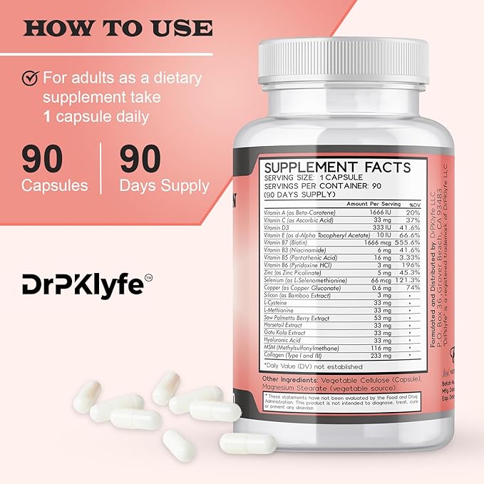 Hair, Nail and Skin Supplement Capsules:Biotin, Collagen, Collagen Peptides, Acid Hyaluronic, Biotin, Vitamin A, C, B5, B6 Saw Palmetto & More - 90 Capsules.