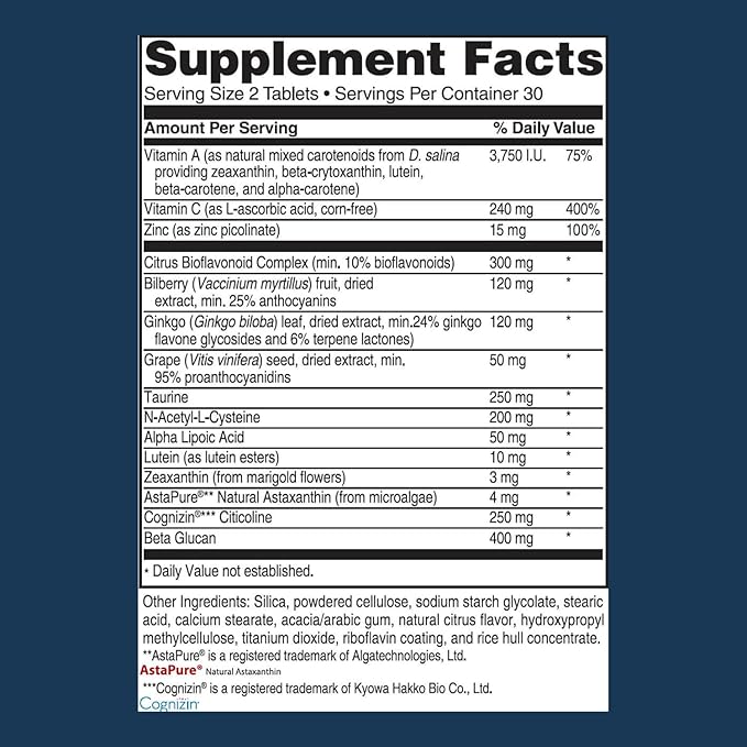 Advanced Bionutritionals – Advanced Vision Formula Supplement, Healthy Vision, Eye Function Support, Eye Vitamins, Lutein, Zeaxanthin, Vitamin A, C, Zinc, Gluten Free, Dairy Free, Vegan (60 Tablets)