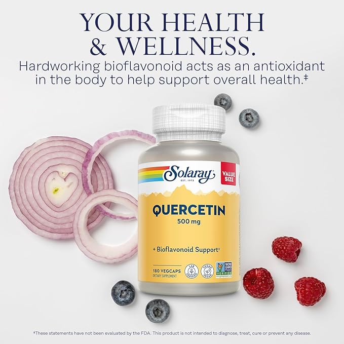 SOLARAY Quercetin 500mg Capsules - Antioxidants Supplement - Bioflavonoid and Antioxidant Support for Overall Health and Wellness - Non-GMO, Vegan, Lab Verified, 60-Day Guarantee, 180 Servings