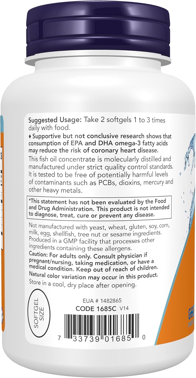 NOW Supplements, Omega-3 Mini Gels, 180 EPA/120 DHA, Molecularly Distilled, Cardiovascular Support*, 180 Softgels