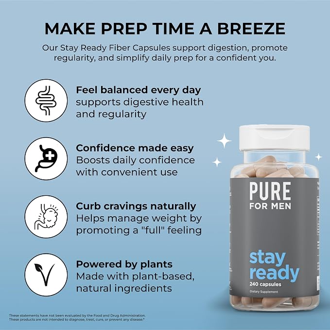 Pure for Men Original Cleanliness Stay Ready Fiber Supplement | Helps Promote Digestive Regularity | Psyllium Husk, Aloe Vera, Chia Seeds, Flaxseeds | Proprietary Formula | 240 Vegan Capsules