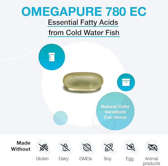 XYMOGEN OmegaPure 780 EC - Cardiovascular & Brain Support - IFOS Five-Star Certified Fish Oil - DHA EPA Omega-3 Supplement - Enteric Coated Softgels - 120 Softgel Tablets