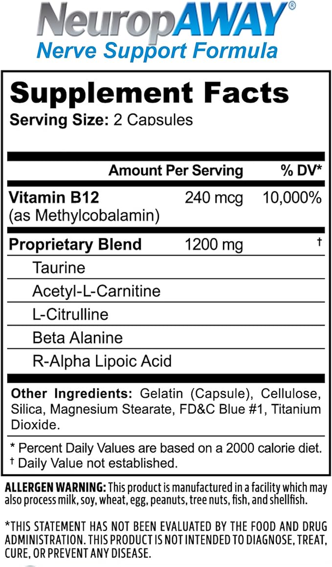 NeuropAWAY Nerve Support Supplement, R-Alpha Lipoic Acid to Help Provide Nerve Relief and Health in as Little as 5 Days, Acetyl-L-Carnitine, Taruine, Vitamin B12, L-Citrulline 120 Capsules