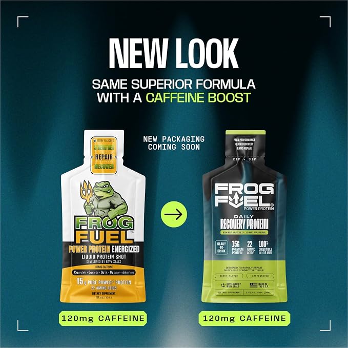 Frog Fuel Power Energized Complete Protein Shot, 15g, Nano Hydrolyzed & Grass Fed, 80mg Caffeine, Gluten Free, Fat & Sugar Free, 22 Amino Acids, 0 Carbs, Berry, 1 oz Packets, 24 Pack