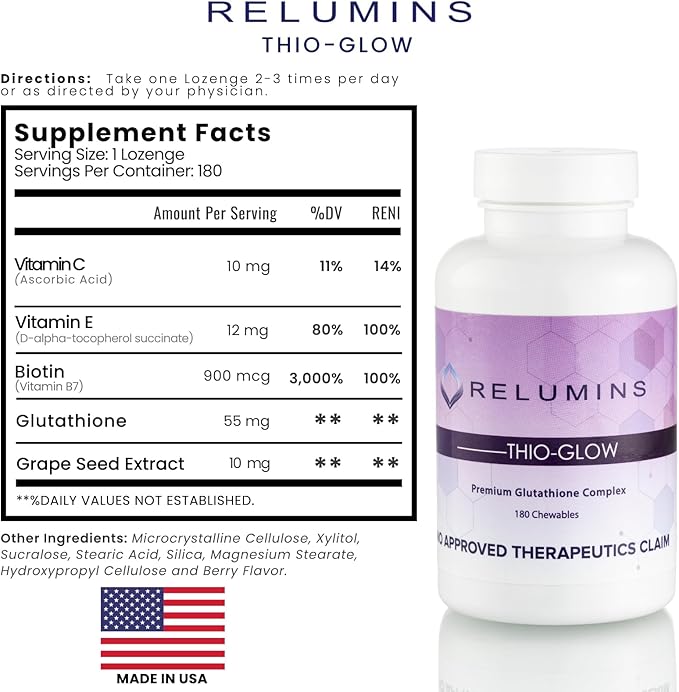 Relumins Labs Thio-Glow Chewable Sublingual Glutathione Complex with Biotin, VIT C & E, Plus Grapeseed Polyphenols – 330mg Gluta Per Serving – 4X More Effective, Spring Glow Essential x 3 Bots