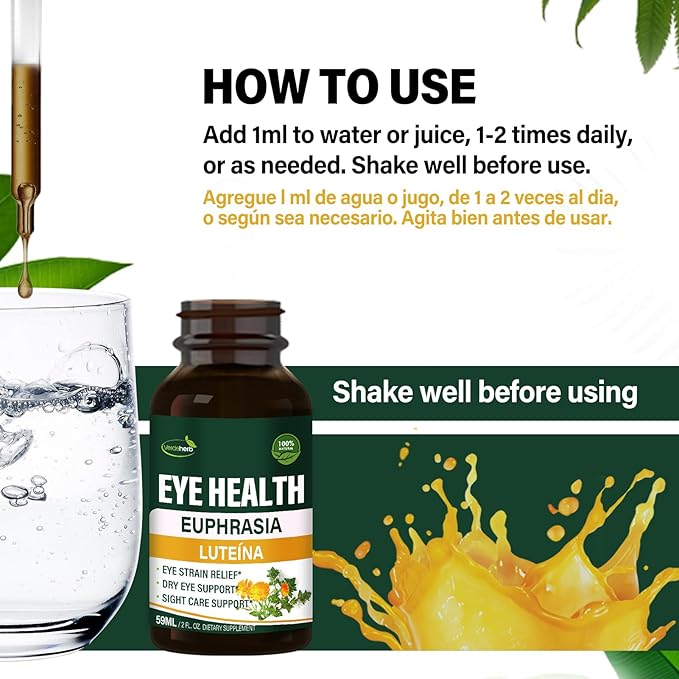 Eyebright Herb Eye Health Drops, Bilberry & Lutein Liquid Extract Herbal Supplement for Eye Strain Relief & Sight Care Support. Euphrasia Officinalis, Arándanos, Luteína para Los Ojos. 2oz