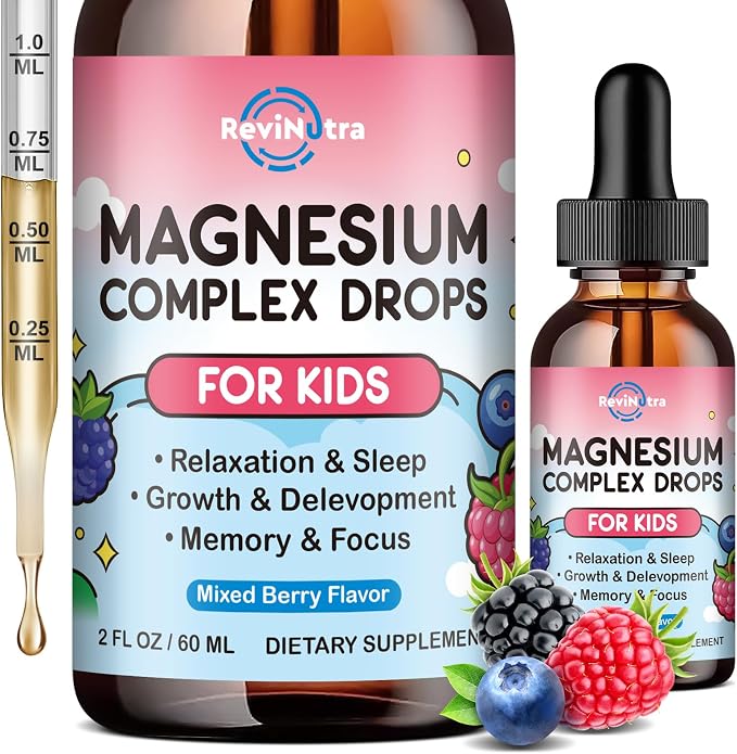 Magnesium Glycinate Liquid for Kids, Kids Magnesium Liquid Drops Supplement with L-Theanine, Calcium, Zinc, Vitamin D3 K2 for Sleep Calm Relaxation Brain Bones Focus, Mixed Berry Flavor 2 Fl Oz