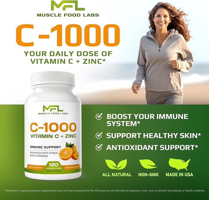 | Vitamin C + ZINC | C - 1000 | VIT C 1000mg | Zinc 25mg | Citrus Bioflavonoids 25mg | Non-GMO & Gluten Free | 120 Capsules