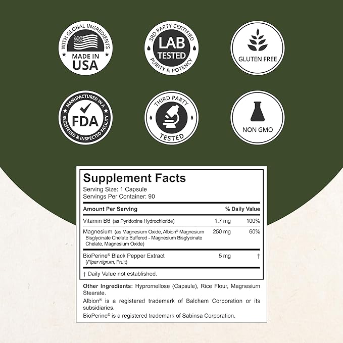 Magnesium Glycinate Chelate Complex with Albion Magnesium Bisglycinate Chelate, Vitamin B6 & BioPerine for Bone, Muscle, Natural Sleep, Nerve Function, Brain Booster | 3 Months Supply