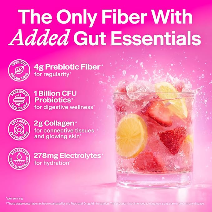 BelliWelli Fiber Supplement for Women & Men Premium Daily Fiber Powder from Organic Acacia with Added Collagen Electrolytes & Probiotics No Bloat Constipation & Gut Health Support(Strawberry Lemonade)