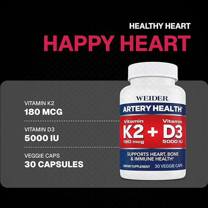 Weider Artery Health - Artery Flexibility & Heart Health - with Vitamin K2, D3 & Ginger - Bone & Immune Support* - Gluten Free & Vegan - 30 Veggie Capsules (Pack of 2)