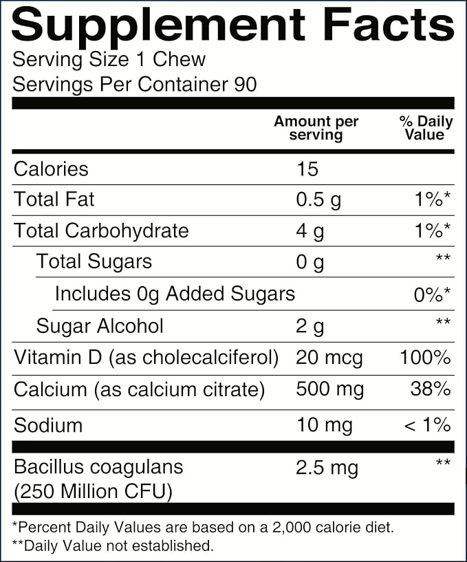 BariatricPal Sugar-Free Calcium Citrate Soft Chews | 500mg with Vitamin D & Probiotics | Blue Raspberry | 90 Count (1 Month Supply)