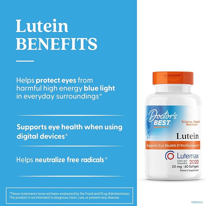 Doctor's Best Lutein Supplement 20mg with Zeaxanthin - Lutein for Eyes, Eye Health Vitamins for Men & Women, Vision and Macular Health Support, Lutemax 2020 Marigold Flower Extract - 60 Softgels