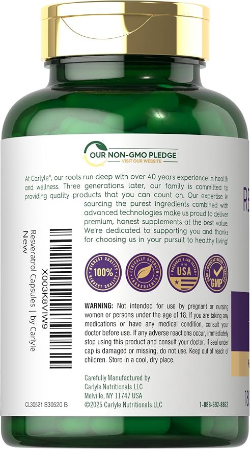 Carlyle Resveratrol Complex - 180 Capsules - Trans Resveratrol Supplement with Grape Seed Extract - Non GMO, Gluten Free