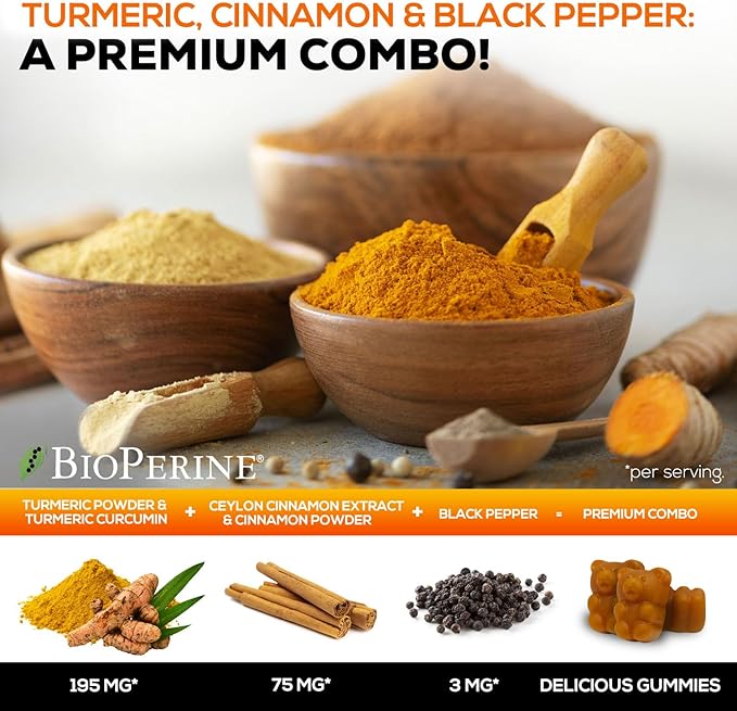 Turmeric Curcumin Supplement Gummies - 95% Curcuminoids with Turmeric Ginger, Black Pepper for Best Absorption, Nature's Vegan Joint Support, Non-GMO, Gluten Free, Tasty Cinnamon Flavor - 60 Gummies