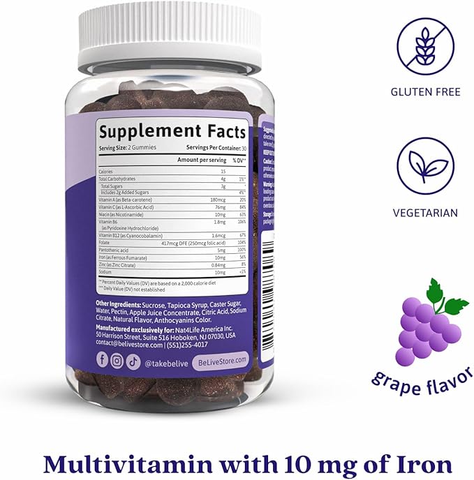 BeLive Iron Gummies - Multivitamin Iron Supplement with Vitamin C, A, B & Zinc, Supports Blood Oxygen, Vegan Supplements for Women, Men & Kids for Growth and Development - Grape Flavor | 3-Pack
