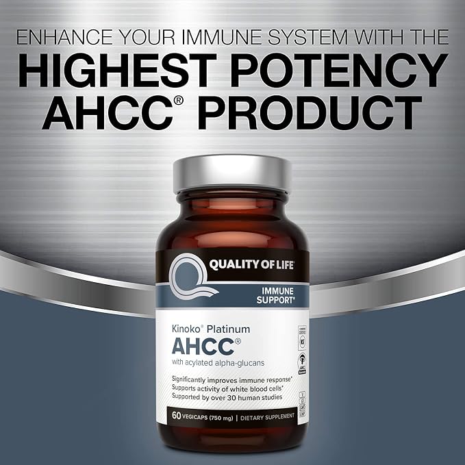 Quality of Life AHCC Kinoko Platinum 750 mg – Premium Immune Support Supplement - Pack of 2, 60 Count Bottles