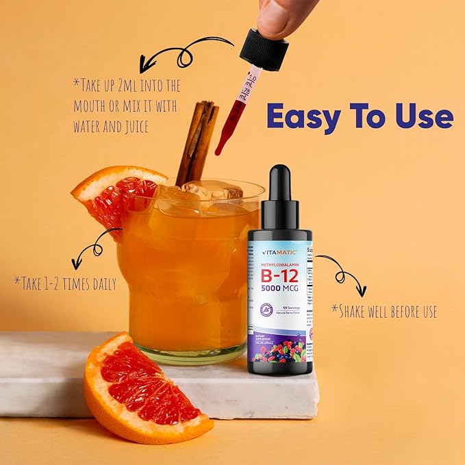 Vitamatic 2 Packs Fast Acting Liquid Vitamin B12 5000 mcg (Methylcobalamin) - Natural Berry Flavor - Sublingual Supplement - Faster Absorption - 2 OZ
