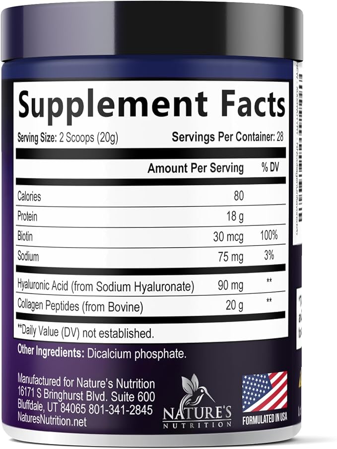 Collagen Peptides Powder - Hydrolyzed Type 1 & 3 Collagen Peptides 20g per Serving with Hyaluronic Acid & Biotin - Vital Nail, Skin & Joint Support - No Sugar, Unflavored, Bottled in USA - 28 Servings