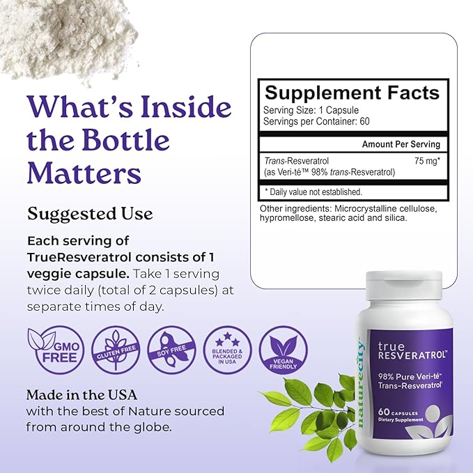NatureCity TrueResveratrol – Resveratrol Supplement & Anti-Aging Support with 75mg Trans-Resveratrol (98% Pure Veri-te) for Heart, Immune, Bone & Cognitive Health | 60 Veggie Capsules
