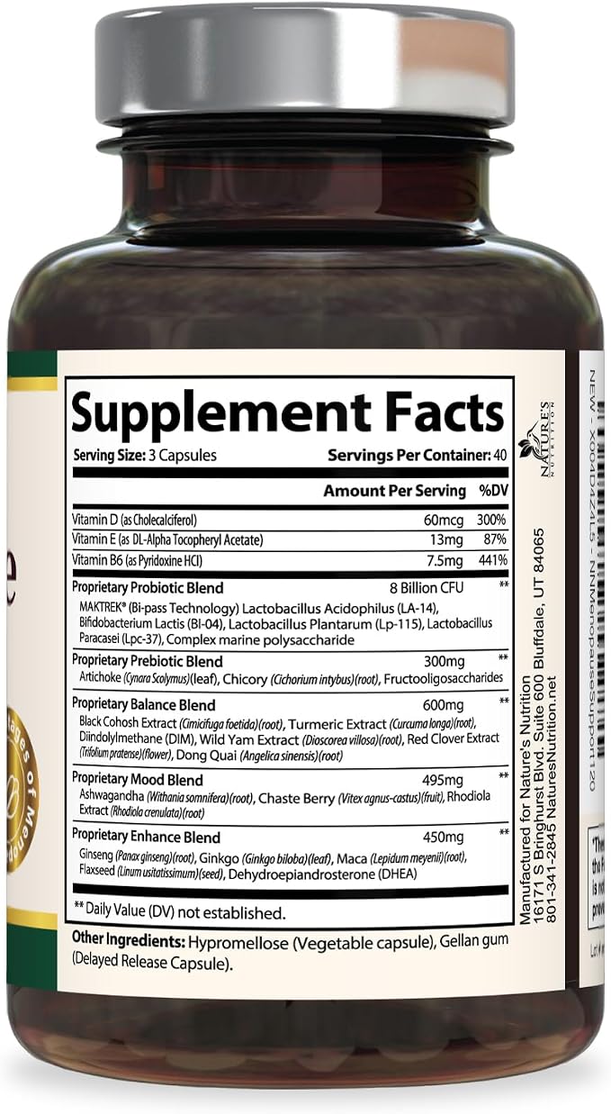 Menopause Supplement for Women - Natural Menopause Relief Support for Mild Hot Flashes & Night Sweats - Best Probiotics for Women, Dong Quai, Black Cohosh, Ashwagandha - Bottled in USA - 120 Capsules