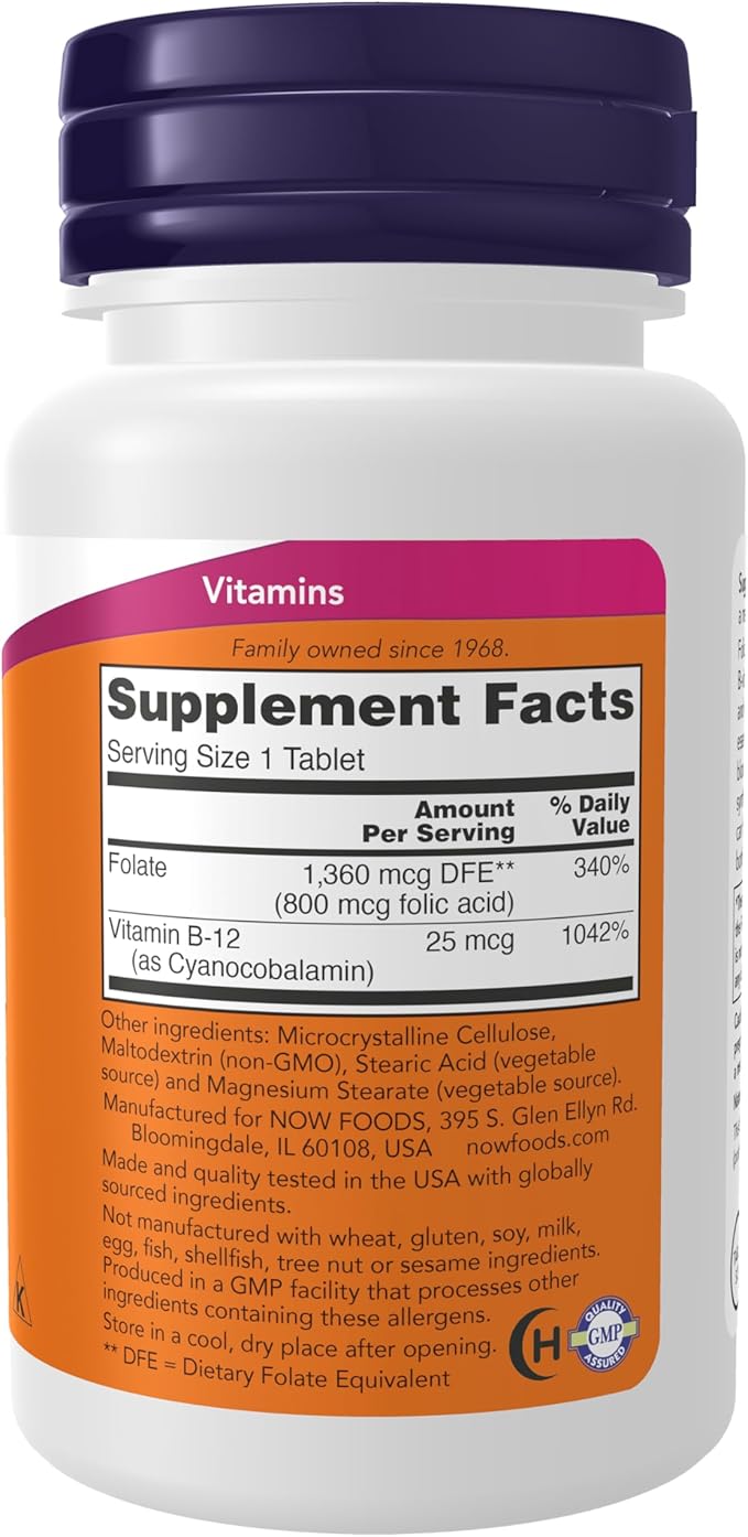 NOW Supplements, Folic Acid 800 mcg + B-12 (Cyanocobalamin) 25 mcg, B Complex Vitamin, 250 Tablets
