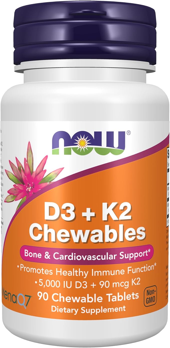 Now Supplements, Vitamin D3 & K2, 5,000 IU/90 mcg, Plus Cardiovascular Support*, Supports Bone Health*, 90 Chewable Tablets