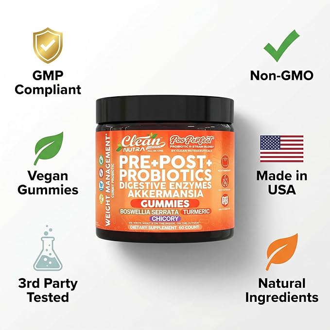 Clean Nutra Prebiotic Postbiotic Digestive Enzymes Gummies with Chicory Root, Boswellia Serrata, Turmeric, and Akkermansia | Pre+Post Probiotics Supplement | 60 Count Gummy | PooPerfect