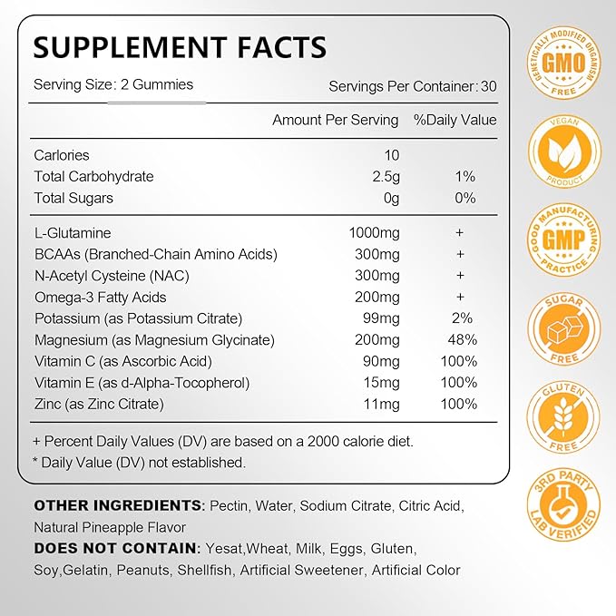 L-Glutamine Gummies 1000mg, Glutamine Supplement for Women & Men, with BCAAs, Magnesium & NAC, Support Gut, Muscle Health & Immunity, Vegan, Non-GMO, Gluten Free, Keto Friendly,Pineapple Flav, 60Ct