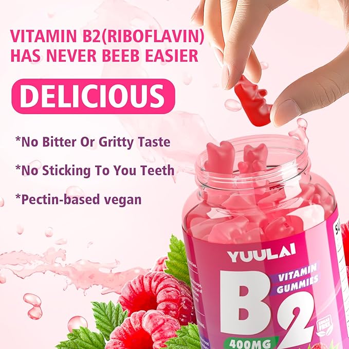 Pack of Vitamin B2 Gummies 400mg | Riboflavin Supplement with Magnesium for Kids & Adults, B2 Gummies for Migraine Relief, Nervous System & Skin Health, Vegan, Sugar-Free, Raspberry Flavor, 120 Count