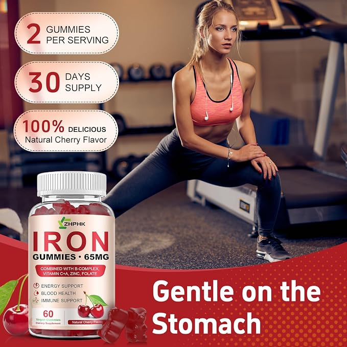ZHPHK Iron Gummies Supplement for Women, Men & Kids, Iron 65mg with 250mg Vitamin C B6 B12 Folate Healthy Blood, Energy & Immune Support Gentle on Stomach Ferrous Fumarate, 120 Count