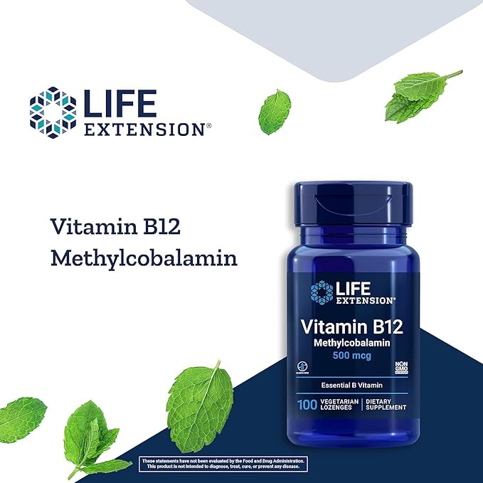 Life Extension Vitamin B12 Methylcobalamin 500mcg - Vitamin B12 Supplement for General Energy and Brain Health - SugarFree Vegetarian Lozenges Dissolve in Your Mouth/Once Daily - 100 Count (Pack of 2)