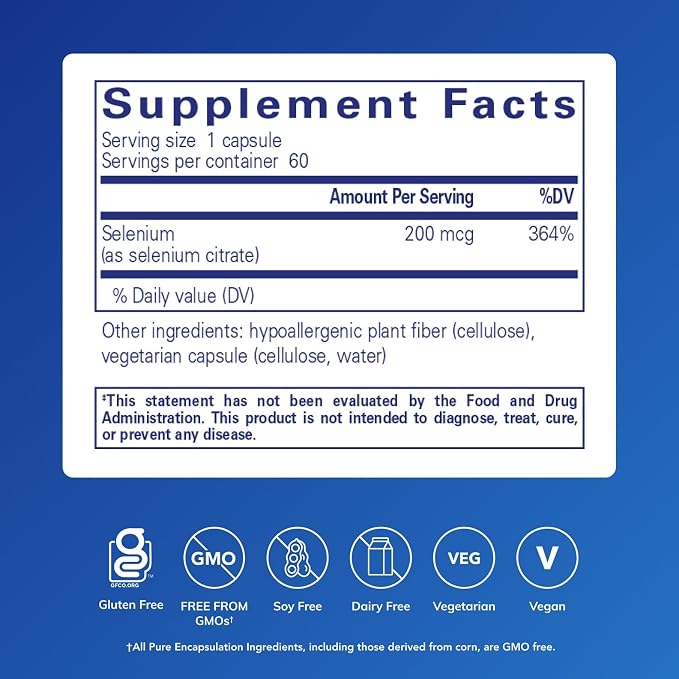 Pure Encapsulations Selenium (Citrate) - for Immune System Support & Cellular Health - Antioxidant Supplement - Supports Blood Flow* - Gluten Free & Vegan - 60 Capsules