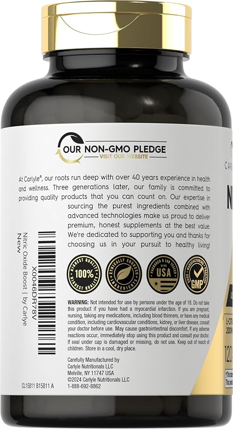 Carlyle Nitric Oxide Supplement 3000mg | 120 Capsules | with L-Arginine & L-Citrulline | for Men & Women | Pre & Post Workout | Non-GMO, Gluten Free