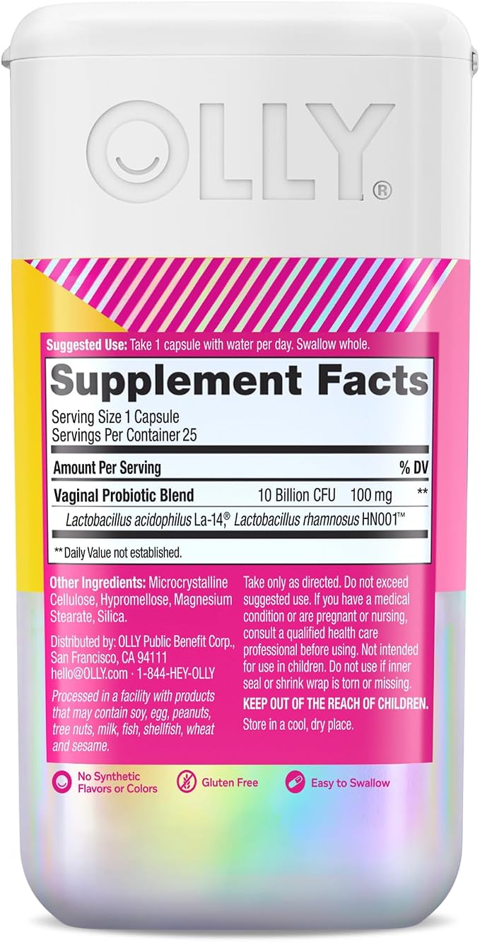 OLLY Happy Hoo-Ha Capsules, Probiotics for Women or People wth Vaginas, Vaginal Health and pH Balance,* 10 Billion CFU, Gluten Free - 25 Count